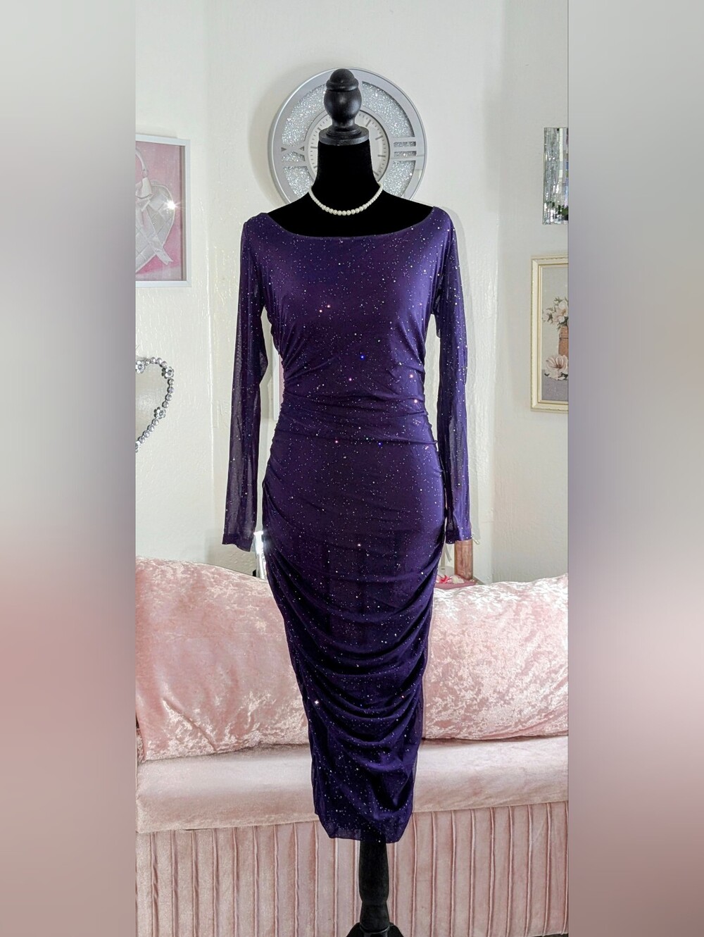 HOT Deep Purple Glitter Mesh Ruched Bodycon Dress Size M NWT